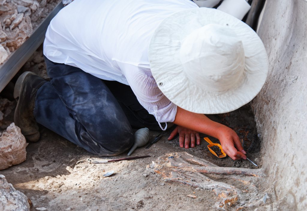 Professional Archaeological excavations, archaeologists work, dig up an ancient clay artifact with special tools in soil